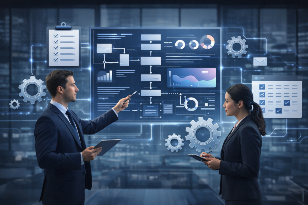 Business consultants planning workflow optimization and process automation using digital dashboards and analytics