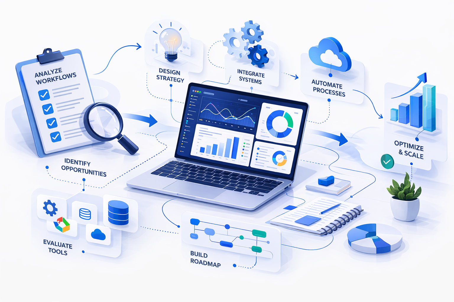 Business process automation consulting diagram showing workflow analysis, strategy design, system integration, and operational optimization.